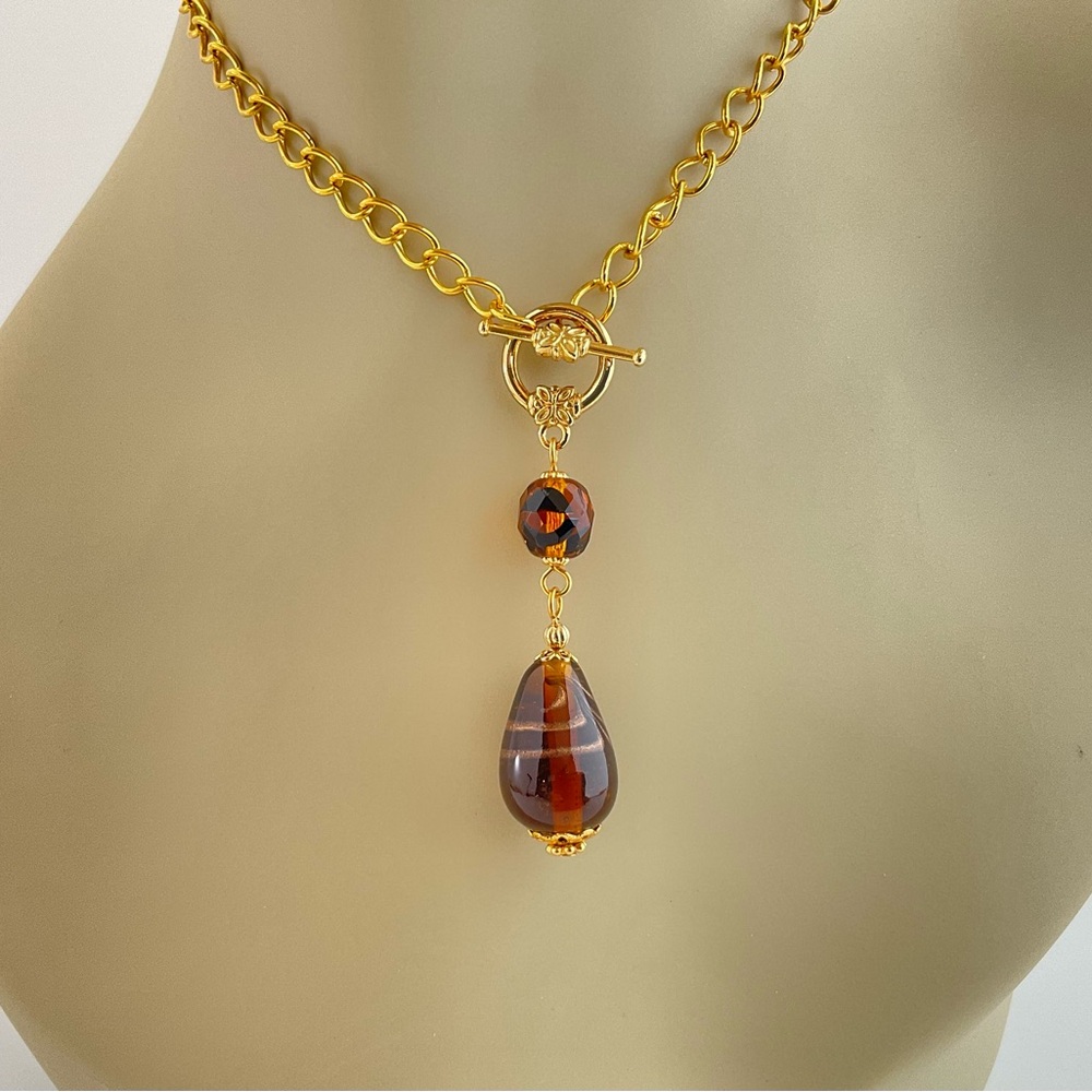 Chocolate Brown Lamp Work Glass & Amber Crystal Pendant Necklace, Gold Plated